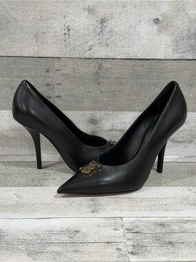 BURBERRY Ezra Black Leather Monogram Point-Toe Pumps Heels 100mm - Sz-10US/40EU